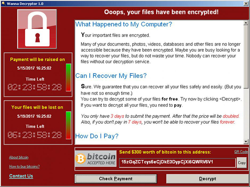 A screenshot shows a WannaCry ransomware demand.