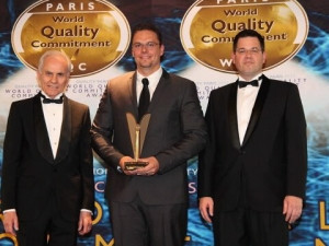 Inter-Acitve Technologies General Manager of Operations Bevin Sandras accepting the BID WQC Award, in Paris.