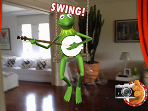 Kermit the Frog swings and sings as part of a Band-Aid AR app.