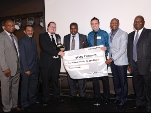 McLean Sibanda, CEO of The Innovation Hub; Younaid Waja, TIHMC Board Member; Andr'as Findt, eGov Connect winner in mobile technology; Honorable Nkosiphendule Kolisile, MEC for Gauteng Department of Economic Development; Joshua Leibstein, eGov winner in mobile technology; Dr Thele Moema, GGDA Board Member; Zeth Malele, TIHMC chairperson of the Board.