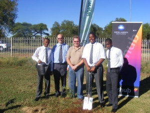 Kimberley Boys High School; from left to right: Jean-Claude Esterhuizen; Graham Steele, Head Master, Kimberley Boys High School; Gerhard Kruger, Kimberley branch manager; Molebogeng Mmonwa; and Recline Bendow.