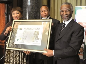 Zinzi Mandela, daughter of former president Nelson Mandela; deputy president Kgalema Motlanthe; and former president Thabo Mbeki during the official launch of the smart ID card at the Union Buildings in Pretoria.