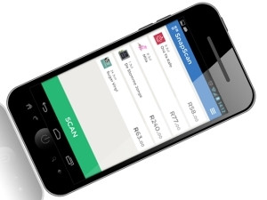 SnapScan allows a user to pay by scanning a code displayed in store or with a bill, confirming the amount and approving the transaction with a PIN.
