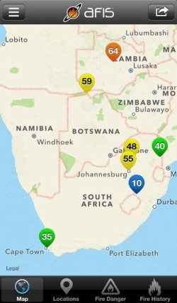 The AFIS mobile app provides detailed information about detected fires, such as intensity and time of detection.
