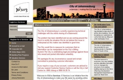 The City of Johannesburg's online services system has been down since a security flaw was revealed on 20 August.
