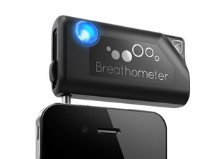 The Breathometer plugs into a phone's headphone jack and the user blows into the device which contains an ethanol sensor.