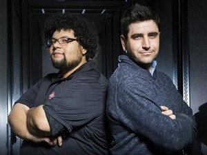 Bitcoin miner Aaron Jackson-Wilde (left) and Scott Robinson, Web master and core organiser for the Silicon Valley Bitcoin meet-up group, at the Plug and Play Tech Centre in California.
