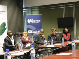 DST CD Space science and technology Mr Humbulani Mudau; Natalie Diemer, SANSA data, products and services manager; Dr Sandile Malinga, SANSA CEO; Hugo de Lemos, SANSA remote sensing specialist.