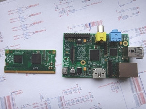 The new compute module (left) further shrinks the already compact Raspberry Pi system (right).