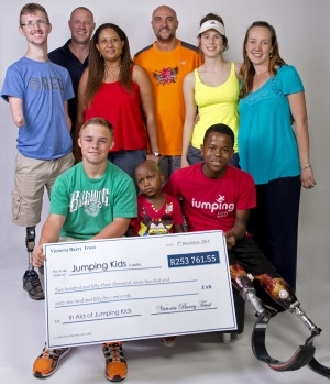 From back left : Zane Bauermeister(bilateral amputee), Johan Snyders (Icexpress/Jumping Kids), Karen Smith (General Manager-The Innovation Hub), Grant Waites (bilateral amputee- former SA Basketball player), Victoria Barry (Jumping Kids ambassador who initiated the fundraiser), Elmari Smit (Physiotherapist), Front from left: Brandon Menezes (bilateral amputee - medalist who represented Gauteng at the SA National Athletic Championships), Sihle Khumalo (amputee), Ntando Mahlangu (bilateral amputee - Medalist who represents Gauteng at the SA National Athletic Championship).