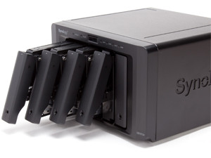 The Synology DS1513+ is a compact and nearly silent chassis offering five drive bays.