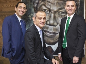 Left to right: Mohamed Saad, senior vice president for Africa and the Caribbean. Jean-Pascal Tricoire, chairman and CEO of Schneider Electric. Eric Leger, country president for southern Africa at Schneider Electric.