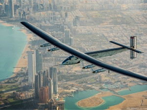 The solar-powered plane left Abu Dhabi this morning and will land in Muscat by the end of today. Photograph by Solar Impulse.