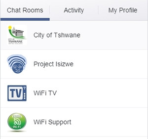 The chatrooms available at the moment on the city of Tshwane's WiFi Chat platform.