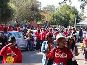 Striking workers blocked off the entrance to MTN's main campus this morning.