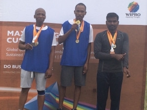 Winners of the Men's 10km race from left to right: Isaac Motaung (second place), Charles Mogoale (first place) and Deepak Rayaphurai (third place).