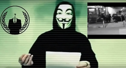 A screenshot of the video that went viral this week, featuring an Anonymous member declaring cyber war on ISIS, following the Paris terror attacks.