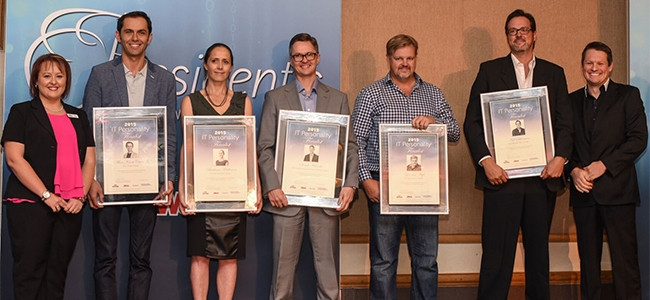 Top 5  IT Personality finalists: Alan Knott-Craig, Barbara Mallinson,  Derek Wilcocks and Lex van Wyk, flanked by IITPSA president Ulandi Exner and last years' winner Gian Visser.