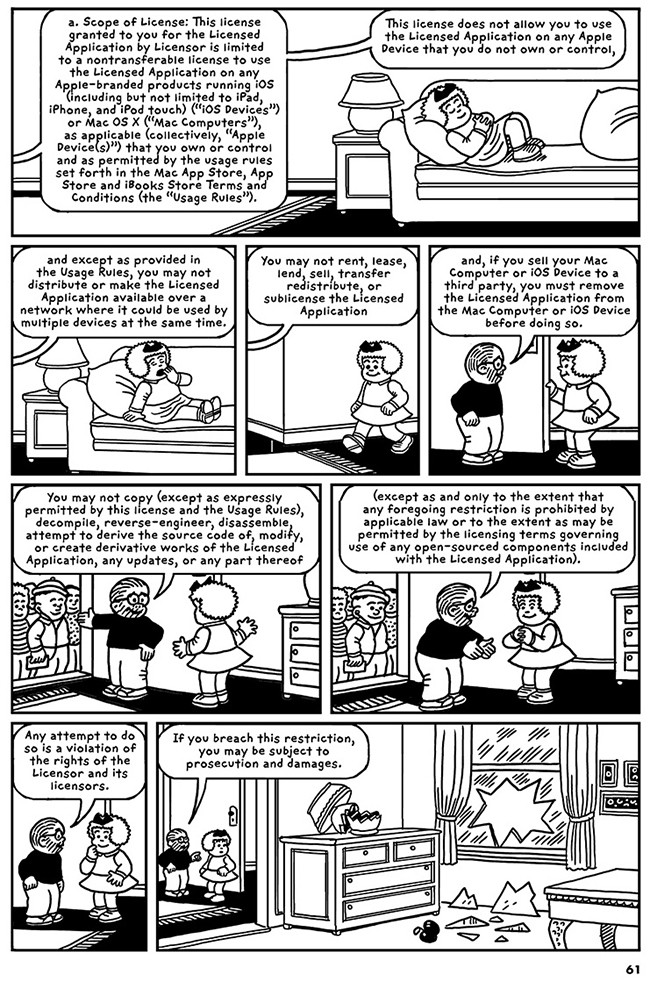 Page 61 of Robert Sikoryak's "iTunes terms and conditions: the graphic novel" is based on a page from Ernie Bushmiller's daily comic, Nancy.