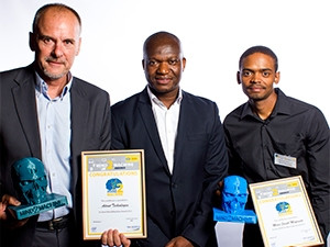 Dave Wibberley, MD of Adroit Technologies, overall winner of the inaugural Mind2Machine Challenge, pictured with Alpheus Mangale of MTN Business Solutions, and Moses Mayimela, breakthrough developer of the year winner
