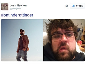 Users tweet #OnTinderAtTinder to show "How I look on Tinder vs How I look at Tinder".