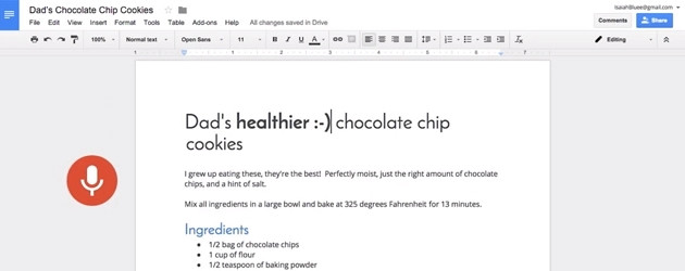 A user verbally edits a recipe in a video demonstrating Google Docs' new features.