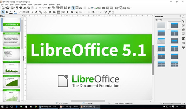 LibreOffice's latest version includes reconfigured menus in its Write, Calc, and Impress (pictured) programs.