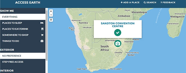 The Sandton Convention Centre is listed as an accessible location on Access Earth's interactive map.