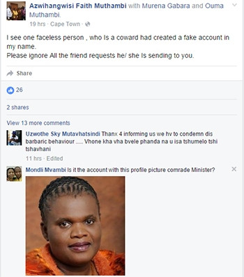 Scammers created a false Facebook account pretending to be communication minister Faith Muthambi.