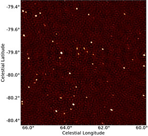 Using only four dishes of the MeerKAT radio telescope, scientists observed more than 50 radio sources (white dots) in a one square degree panorama.