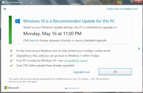 To cancel the scheduled software upgrade, Windows 7 and 8.1 users have to read the window and select the right option. (Picture: Microsoft)