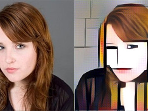 A before and after headshot with the Mondrian filter applied.