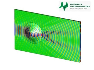 The picture shows the cloak not in use: the presence of the object along the path of the travelling wave drastically changes its electric field configuration.