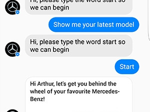 A screenshot shows a chatbot interaction between World Wide Worx MD Arthur Goldstuck and the Mercedes Benz SA chatbot.