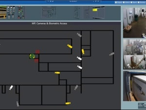 A screenshot shows a view of the plant's security cameras and biometric access points, along with video feeds from select cameras.