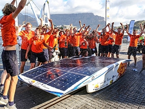 The Dutch team celebrates after winning the Sasol Solar Challenge.