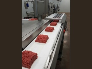 Processed meat on a conveyor since the meatpacking plant.