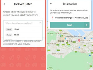 Screenshots from the Deliver 2 Me Web app show how it allows users to pick an exact delivery location and time.
