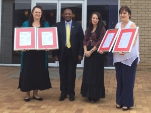 From the left: Melody Fletcher - Safety Officer (Sizwe IT Group), Reverend Dr Vukile Mehana - Chairman (Sizwe IT Group), Charlene Holm - Technical and Operations Manager (BSI South Africa), Antionette de Klerk - Information Security and Quality Manager (Sizwe IT Group).