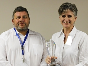 Jacques Wessels CEO FlowCentric Technologies and Mada Hauptfleisch from BCX accepting New Partner of the Year Award 2016.