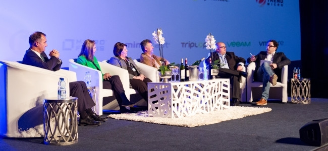 Datacentrix's Showcase 2017 interactive panel discussion line-up: (from left) HP Enterprise VP for EMEA, David Chalmers; Head: Africa data centres at Barclays Africa Group, Linda Moreira; Antoinette Wagner, CIO Deloitte Africa; venture capitalist and former banker, Dr Michael Jordaan; Datacentrix chief digital strategist, Rudie Raath; and local tech journalist, Toby Shapshak