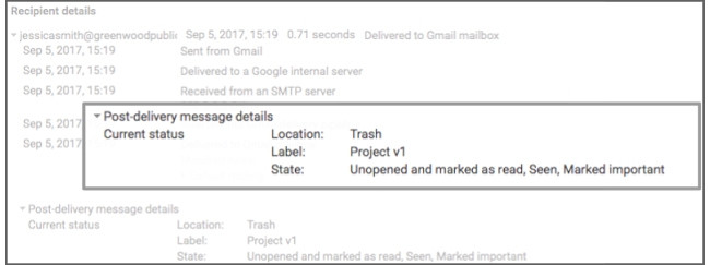 Admins can trace what the receiver has done with an e-mail, like if they have moved it to trash.