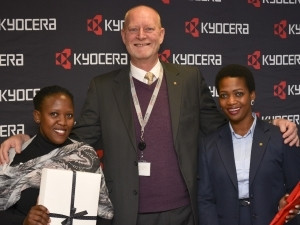 Last year's first female graduate from Potter's House's xerography programme: Katlego Ramotshabi (RHS), Wayne Holborn, MD of Kyocera Document Solutions (middle), and Hazel Mosai (LHS), Guest speaker - KDZA's consultant for key accounts and tenders.