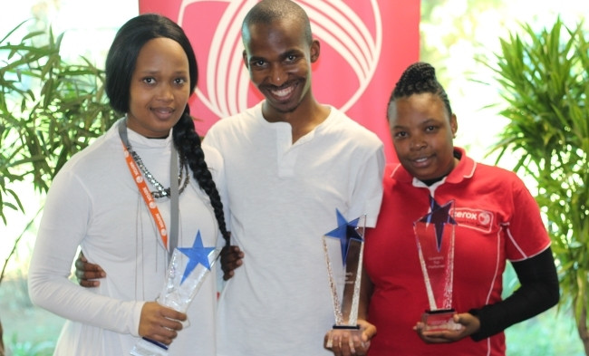 Quarterly award winners for period: Mar'17 - May'17, from left: Bonisile Kunene (System Administration); Sifiso Khoza (Inbound Client Contact Centre); Maria Mokgoetsi (MPS Monitoring).