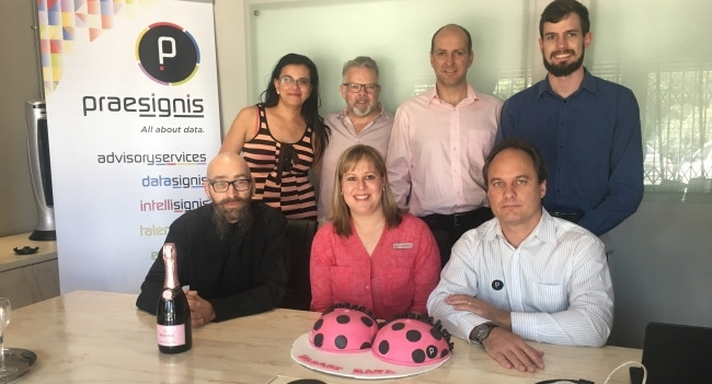 Back Row - (L-R): Liesl Lodewyk - Marketing Manager, Johan Ceronio - Chairman, Gawie Erasmus - CEO, Rudie Niebuhr - System Engineer. Front Row - (L-R) Jan Coetzee - System Engineer, Febe Meyer - Marketing Manager , PinkDrive, Ruan de Beer, DM - Intellisignis.