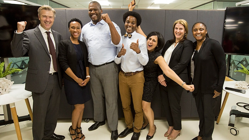 (From Left) Justin Bothner, head of investment banking, Merrill Lynch SA; Neo Ratau, founder of Everest Ventures; Mbulelo Mpofana, co-founder, Investsure; Mutoda Mahamba, co-founder Cascade Insurance; Priya Mistry, co-founder CommuScore; Julia Benadie, regional executive, Merrill Lynch; and Albertina Kekana, CEO, Royal Bafokeng.