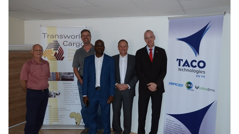 From left to right: Norbert Liebich, Director of Transworld Cargo (Pty) Ltd., Burkhard Grimm, TWC project manager, Immanuel Johannes from local lobo partner TACO Technologies (Pty) Ltd., Harald Klingelholler, Managing Director of lobodms, and Ulrich Kinne from the German embassy in Windhoek.