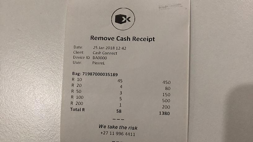 The cash removing receipt issued by the BDA with a barcode number of a heat sealed money bag.