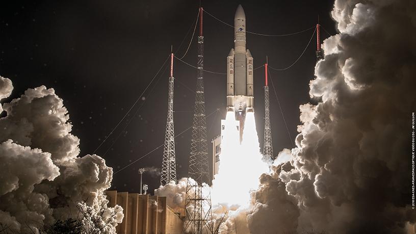 The Ariane 5 rocket lifting off at 22:20 GMT on 25 January from the Guiana Space Centre in French Guiana.