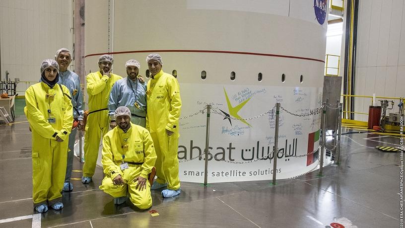 Yahsat engineers sign off on Al Yah 3 by leaving a personal message on the satellite before being loaded onto the Ariane 5 for launch.